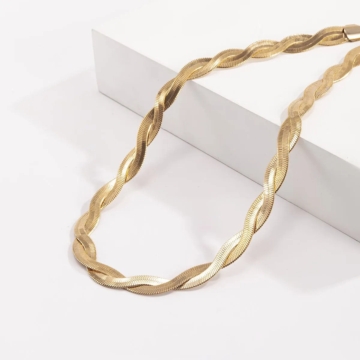 18K Gold-Plated Crossing Herringbone Chain Choker Necklace