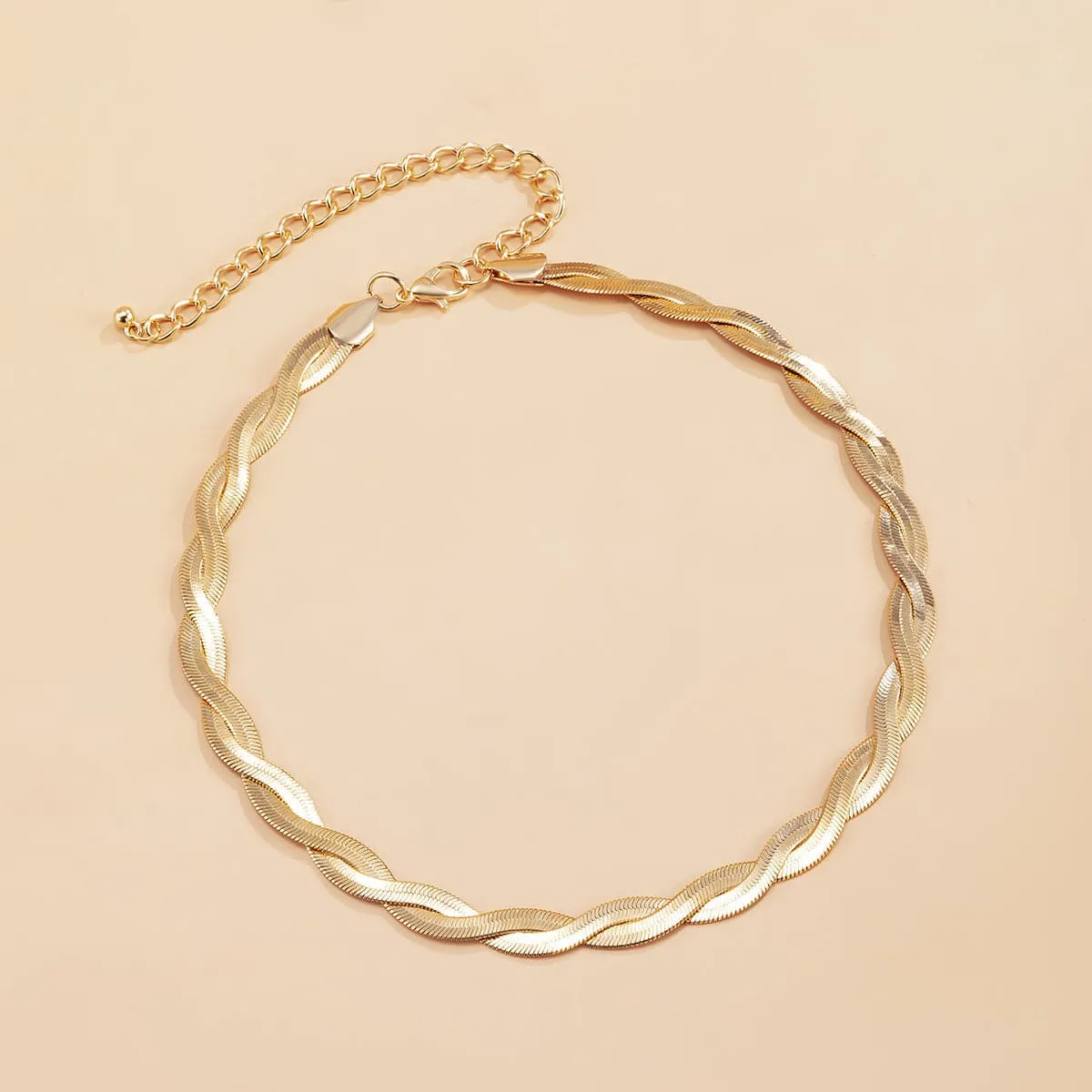 18K Gold-Plated Crossing Herringbone Chain Choker Necklace