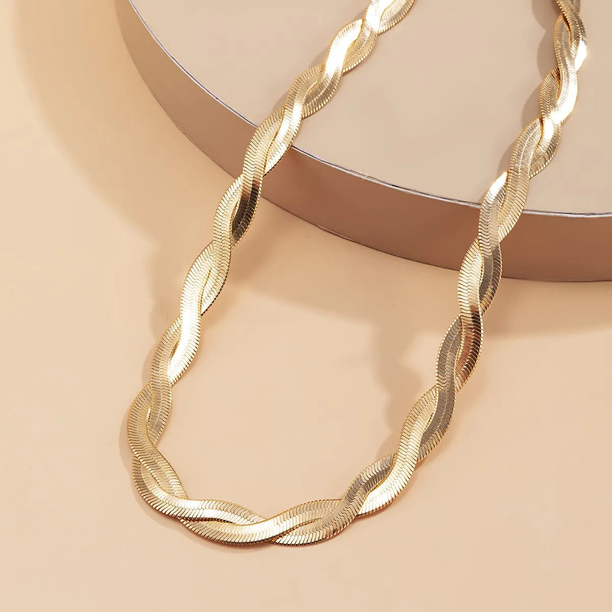 18K Gold-Plated Crossing Herringbone Chain Choker Necklace