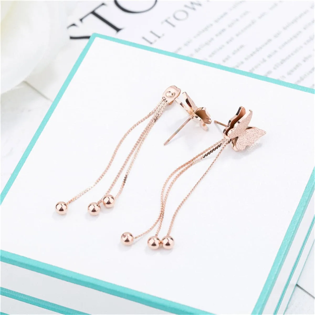 18K Rose Gold-Plated Butterfly Bead Drop Earrings