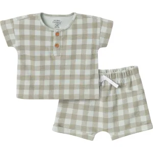 2-Piece Baby Boys Light Sky Gingham Henley Shirt and Shorts Set