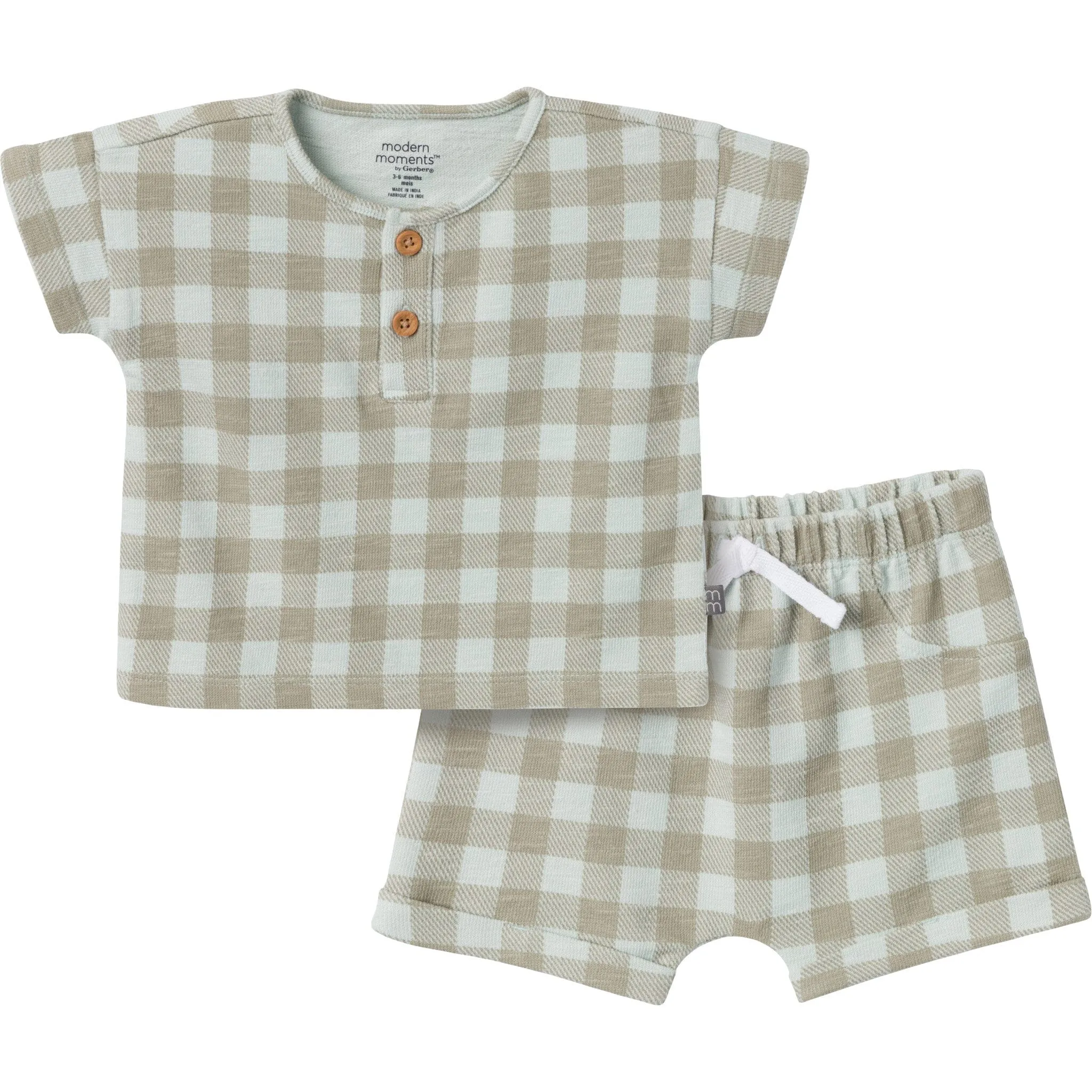 2-Piece Baby Boys Light Sky Gingham Henley Shirt and Shorts Set