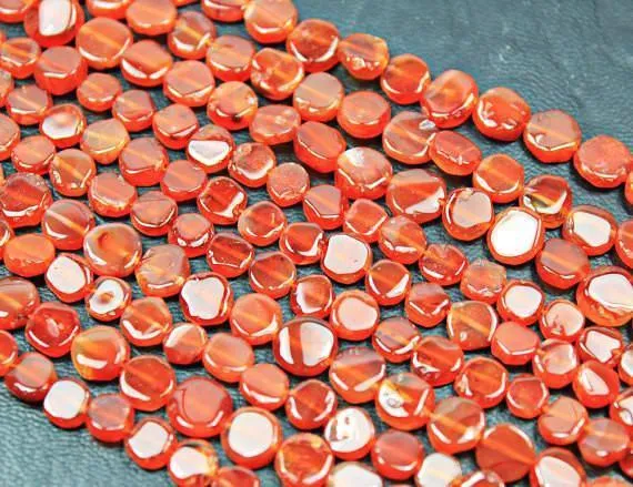 4 Strands Orange Carnelian Smooth Flat Round Coin Beads Strand 13" 7mm 8mm