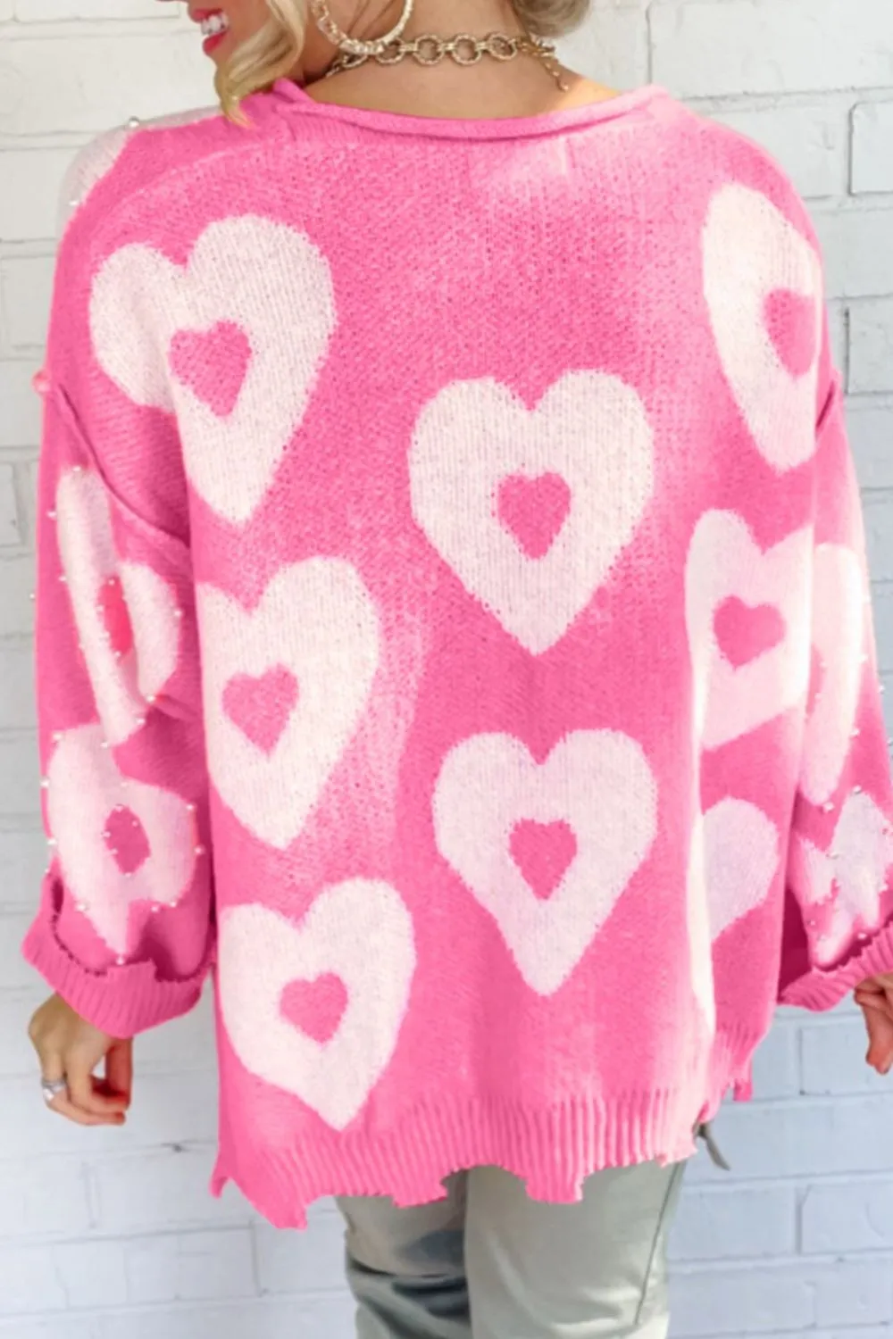 Abbie Pearl Detail Heart Round Neck Long Sleeve Sweater