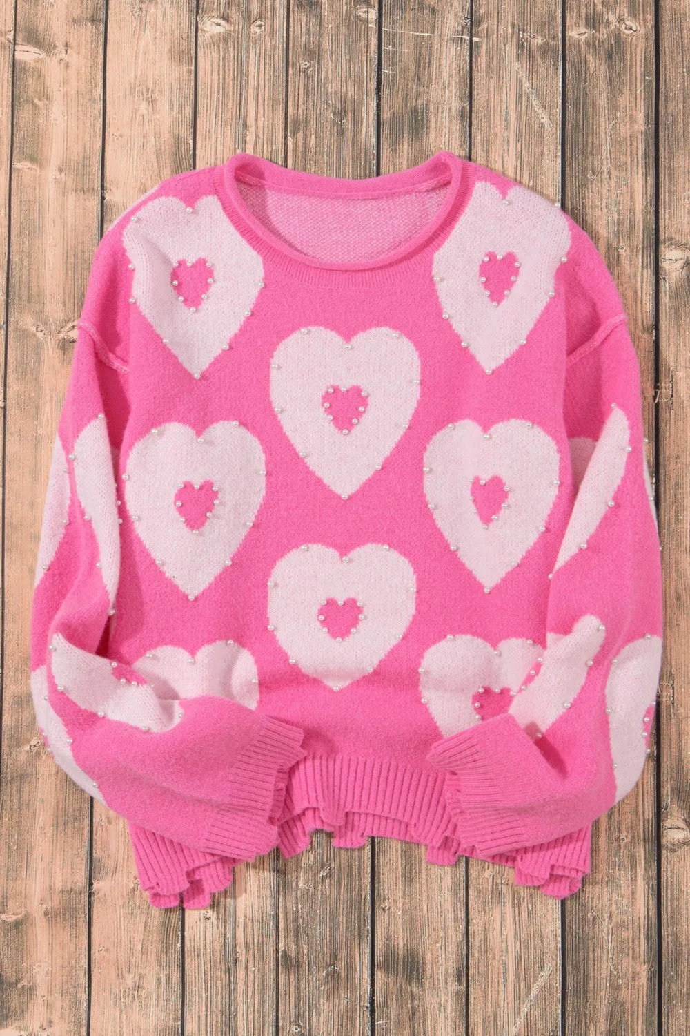 Abbie Pearl Detail Heart Round Neck Long Sleeve Sweater
