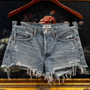 Agolde Light Wash Distressed Ripped High Waist Denim Shorts Size 26 Used
