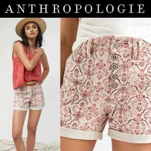 ANTHROPOLOGIE PILCRO THE WANDERER BOHO PRINT BUTTON FRONT CUFFED SHORTS **NWT**