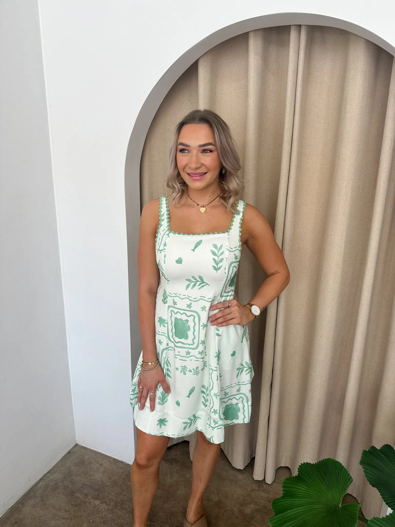 Baby Doll Dress- Green/white