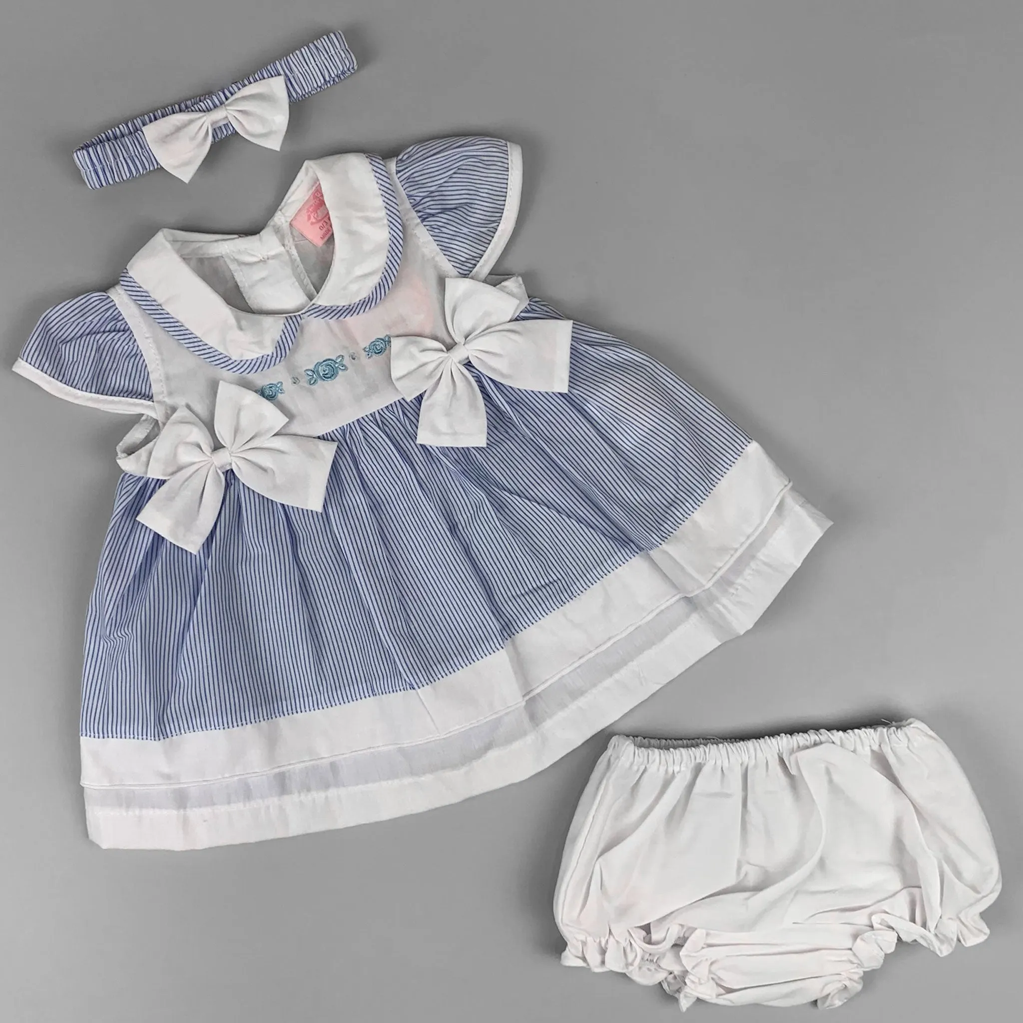 Baby Girl Blue Striped Summer Dress Set – Embroidered Front, Matching Headband & Knickers
