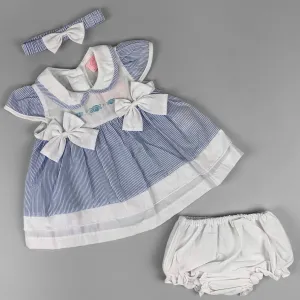 Baby Girl Blue Striped Summer Dress Set – Embroidered Front, Matching Headband & Knickers