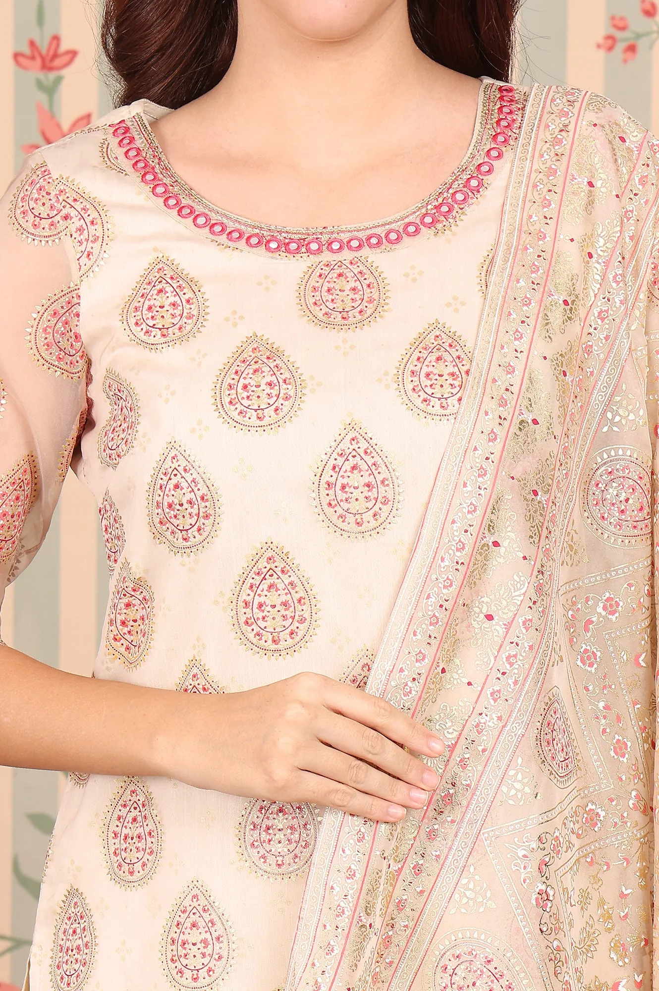 Beige Abstract Printed Embroidered Kurta, Trousers and Dupatta Set
