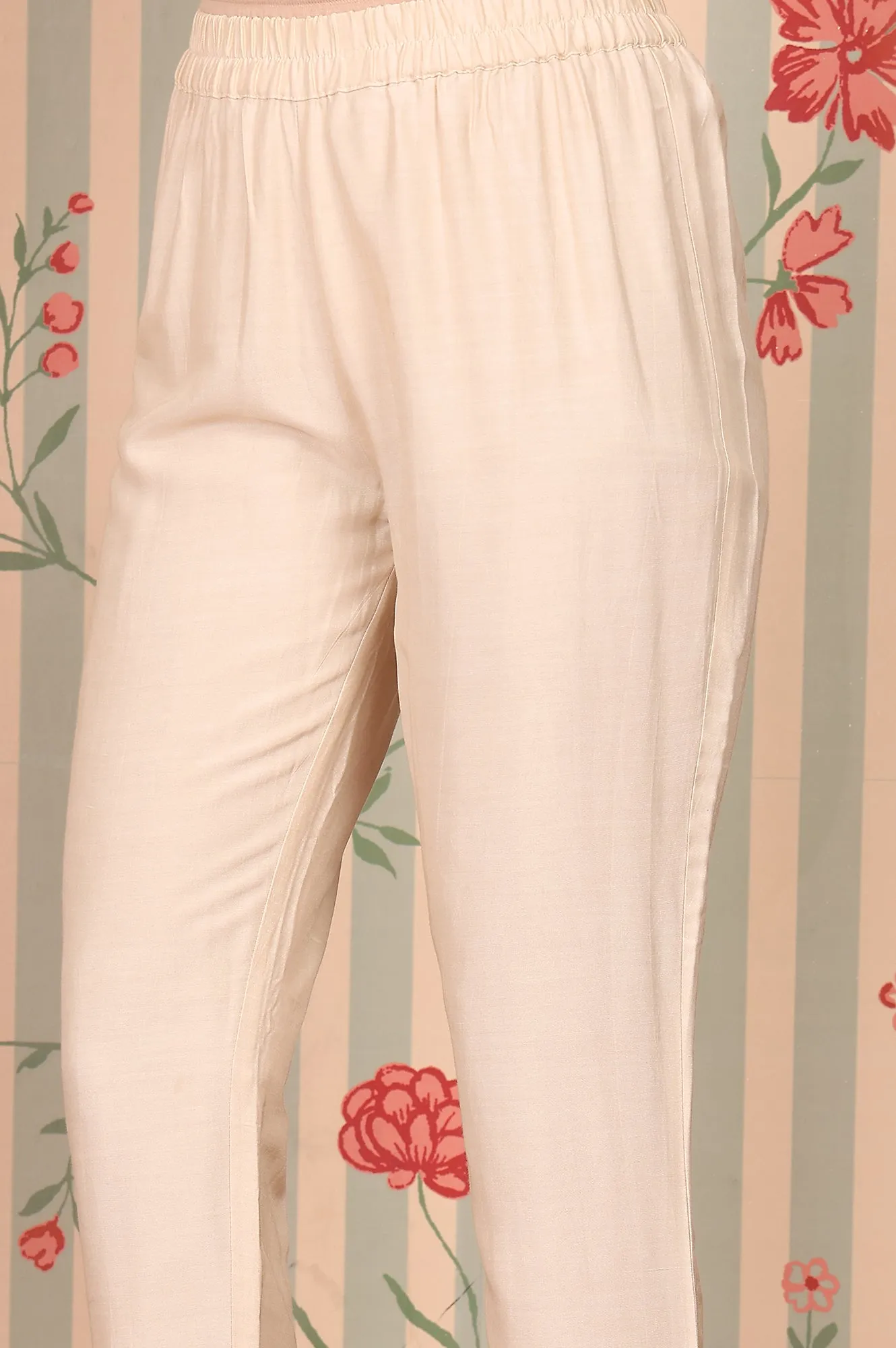 Beige Abstract Printed Embroidered Kurta, Trousers and Dupatta Set