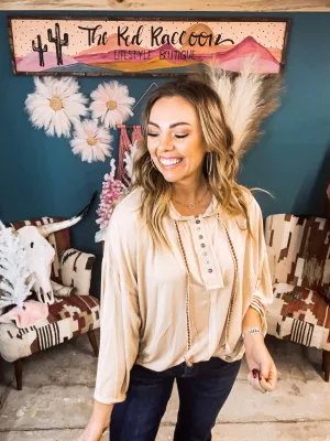 Beige Round Necklace Pullover with Stitched Strings