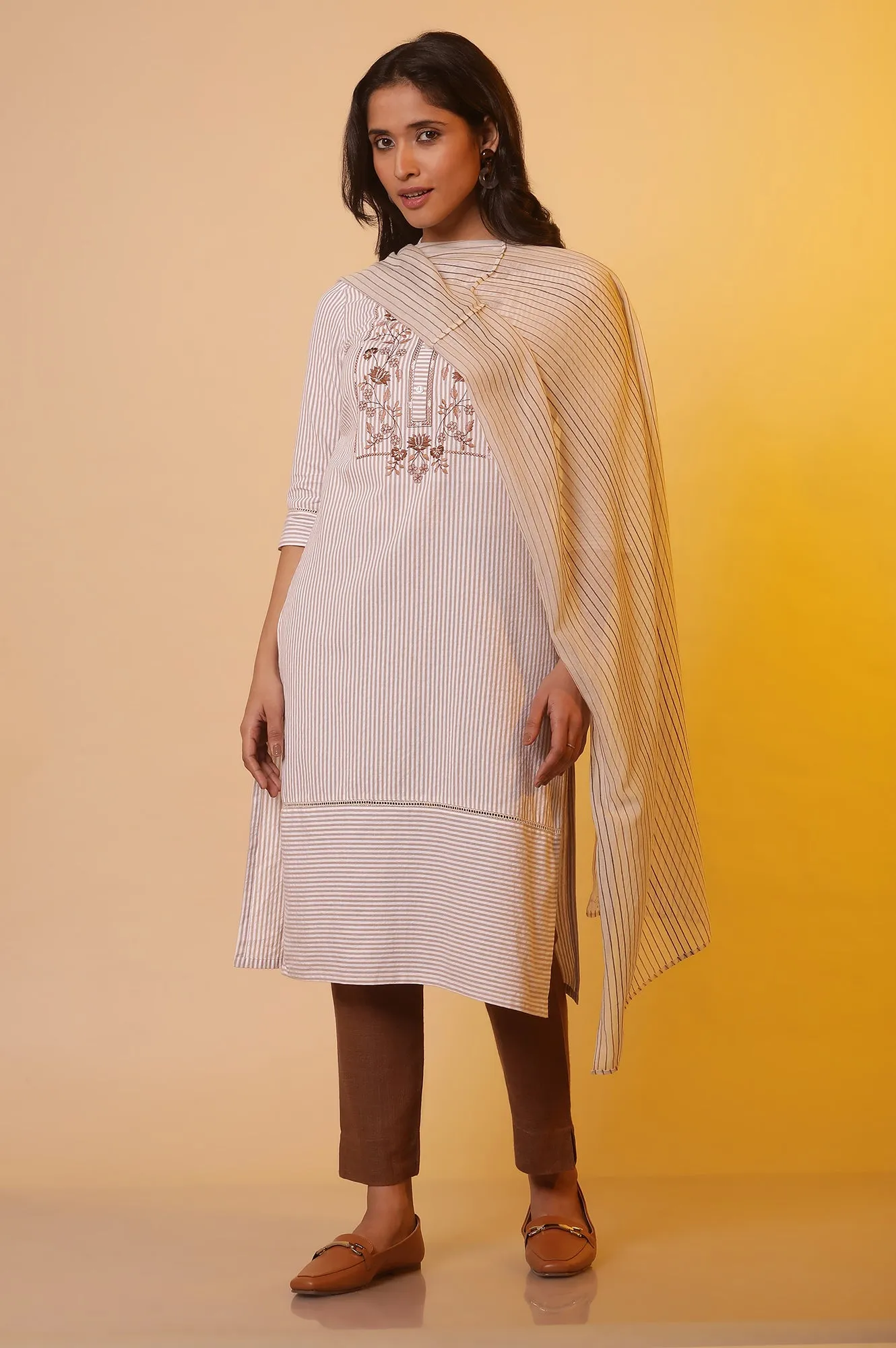 Beige Striped Cotton Dupatta