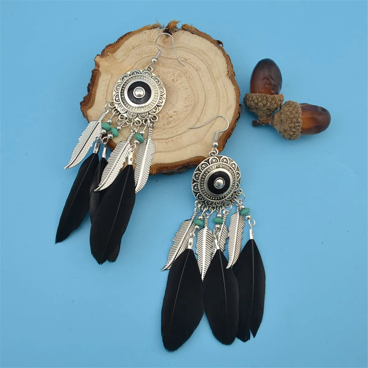 Black Feather & Silver-Plated Drop Earring