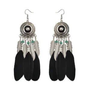 Black Feather & Silver-Plated Drop Earring