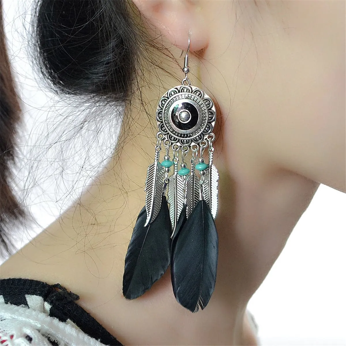 Black Feather & Silver-Plated Drop Earring