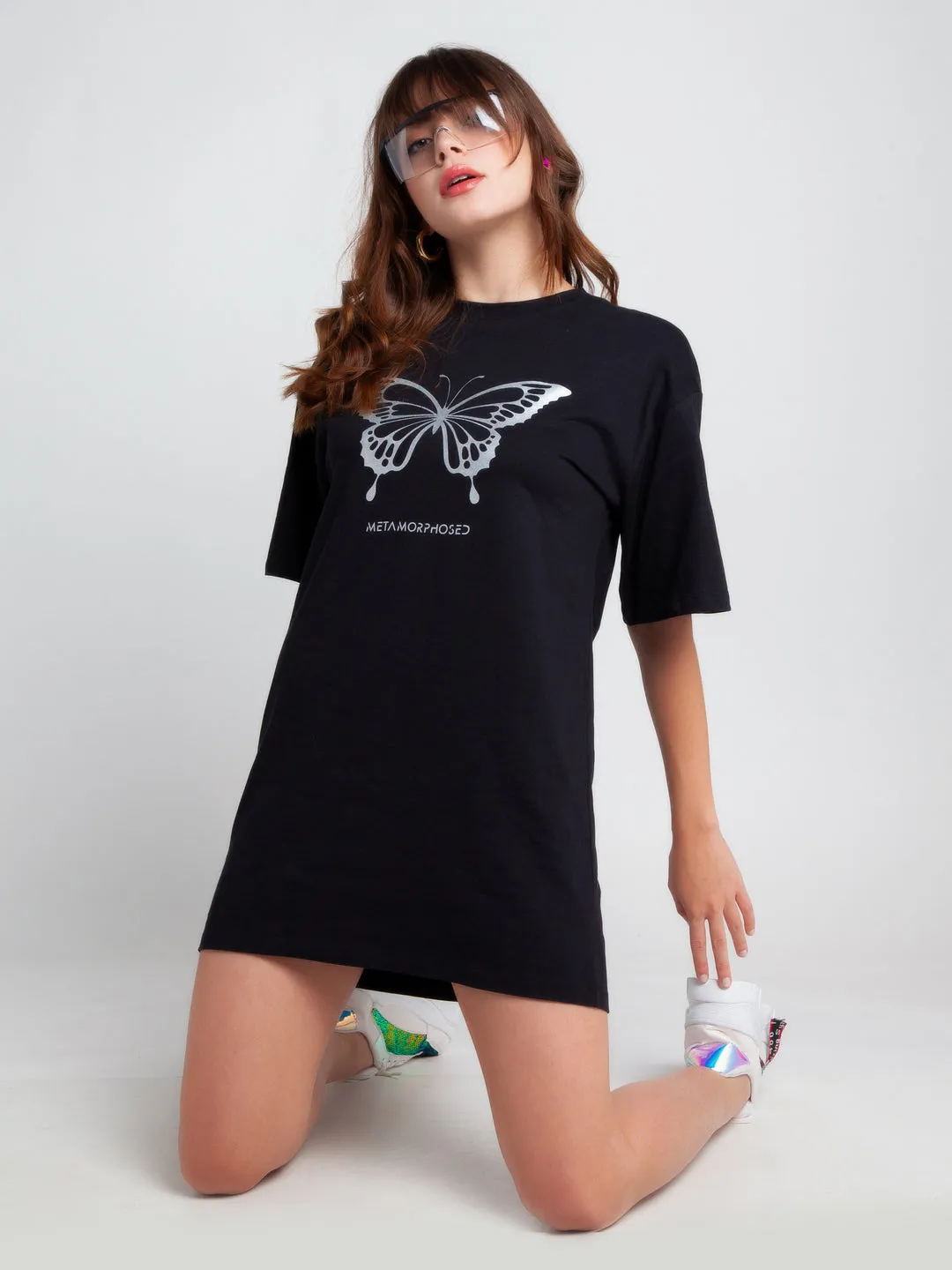 Black Printed Oversized Short Dress
