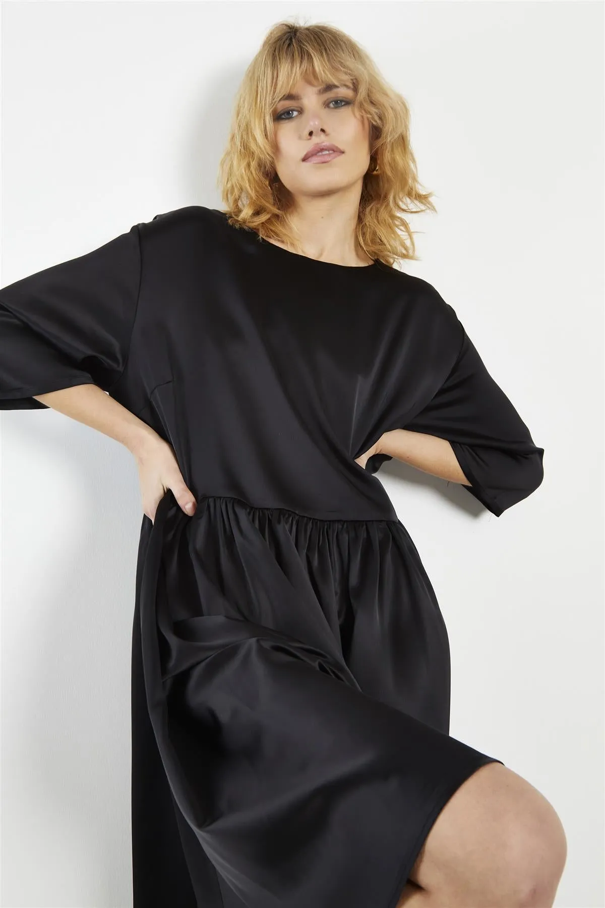 Black-Sateen Scallop-Back Mini-Dress