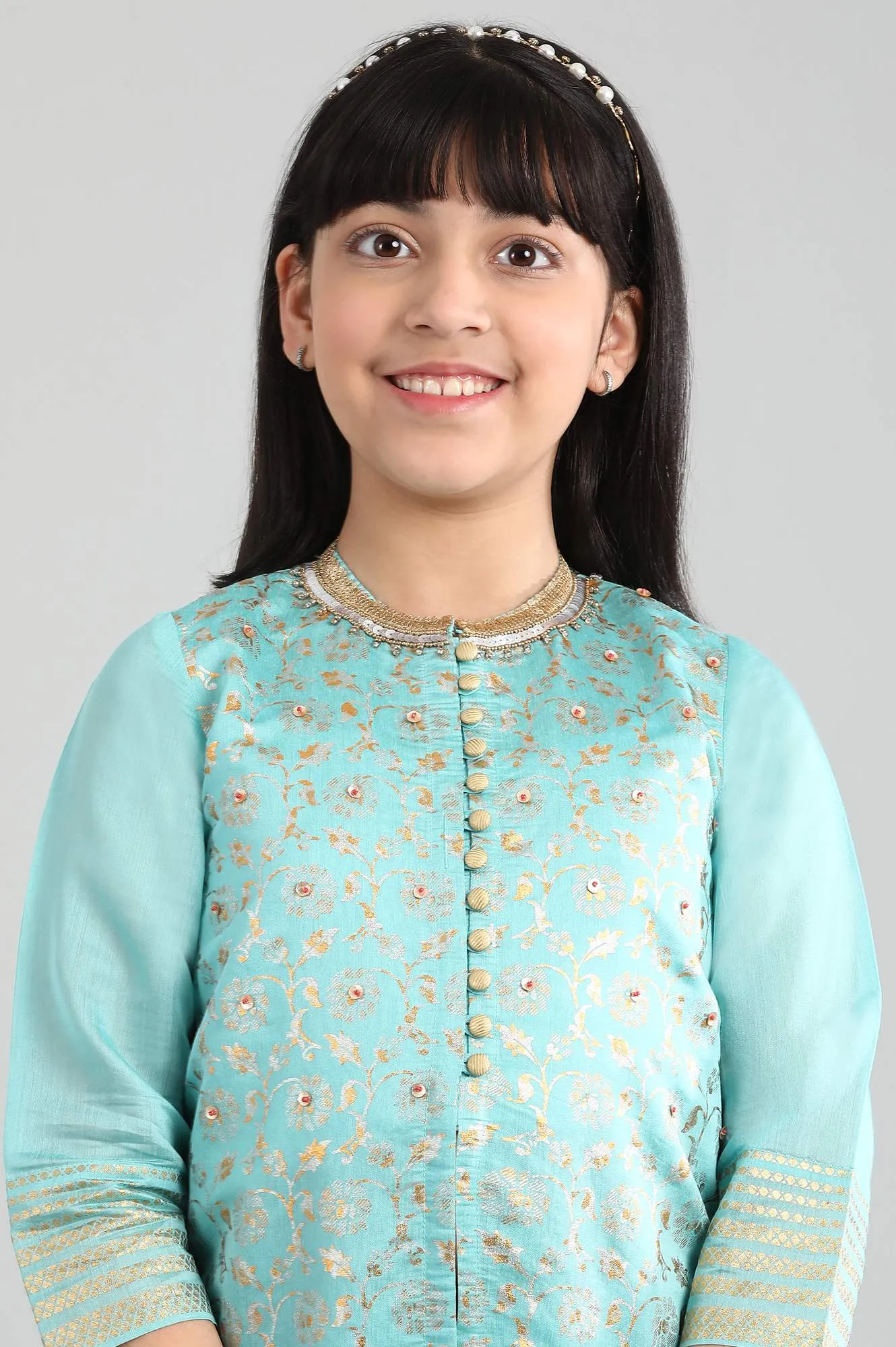 Blue Foil Print kurta-Palazzo Girls Set