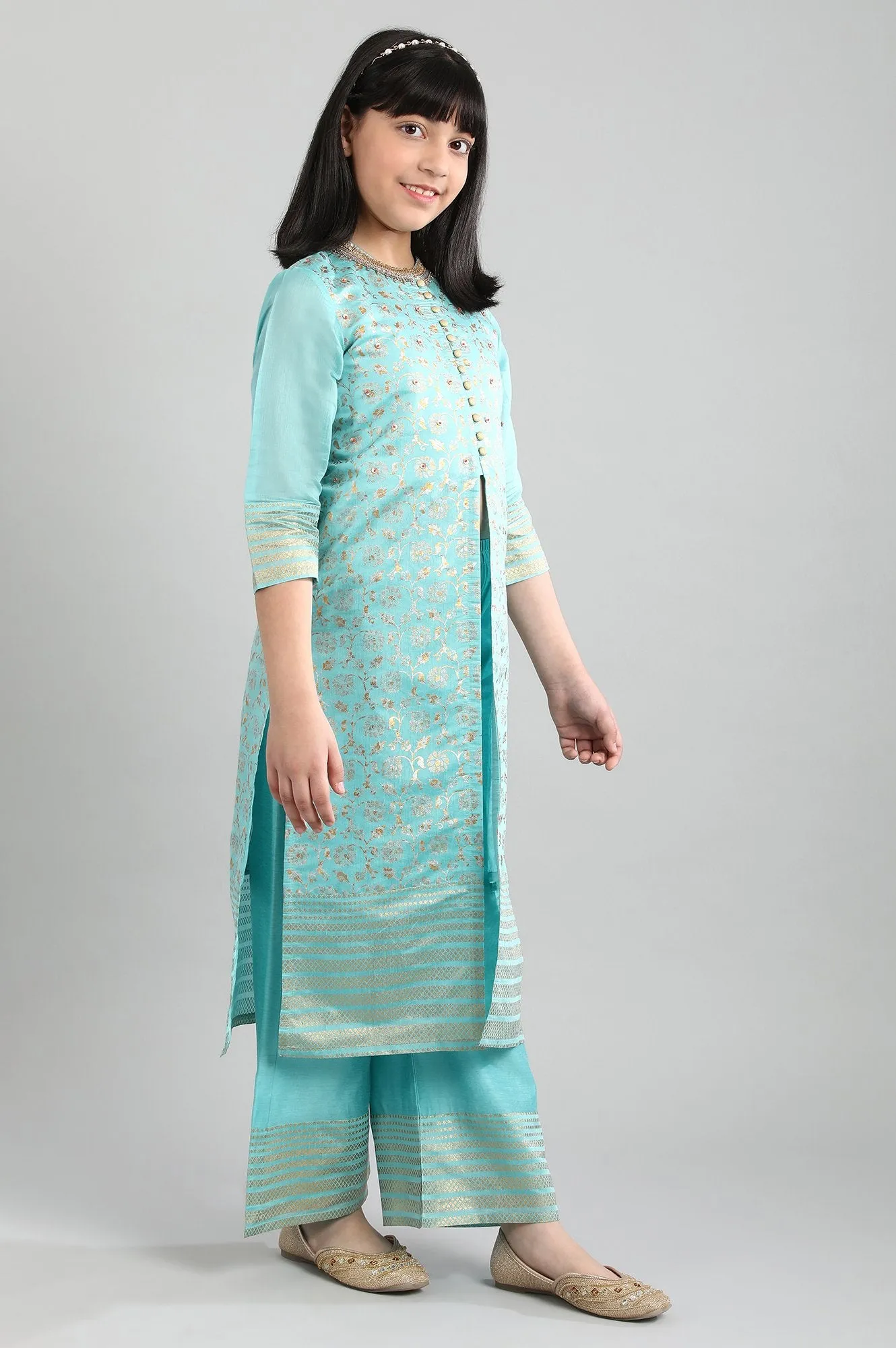 Blue Foil Print kurta-Palazzo Girls Set