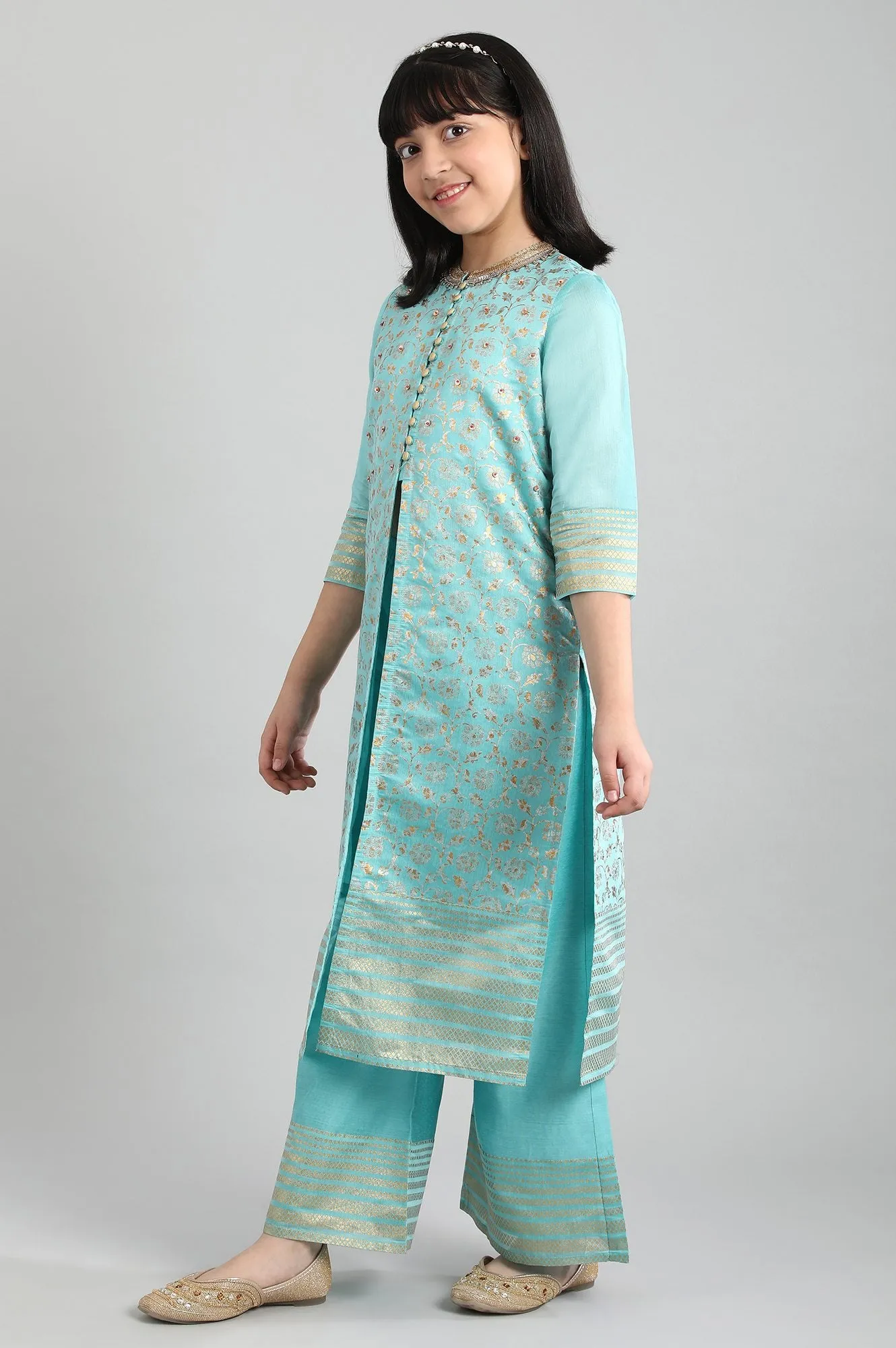 Blue Foil Print kurta-Palazzo Girls Set