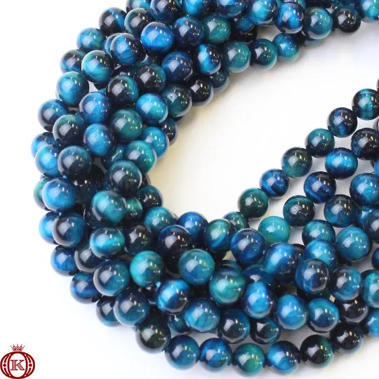 Blue Green Tiger Eye Beads Smooth Round