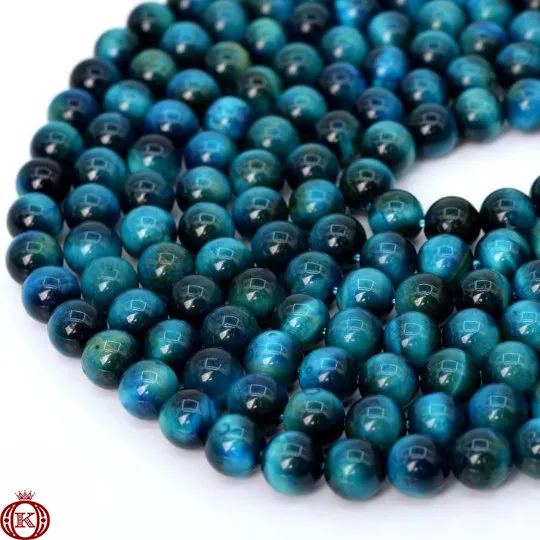 Blue Green Tiger Eye Beads Smooth Round