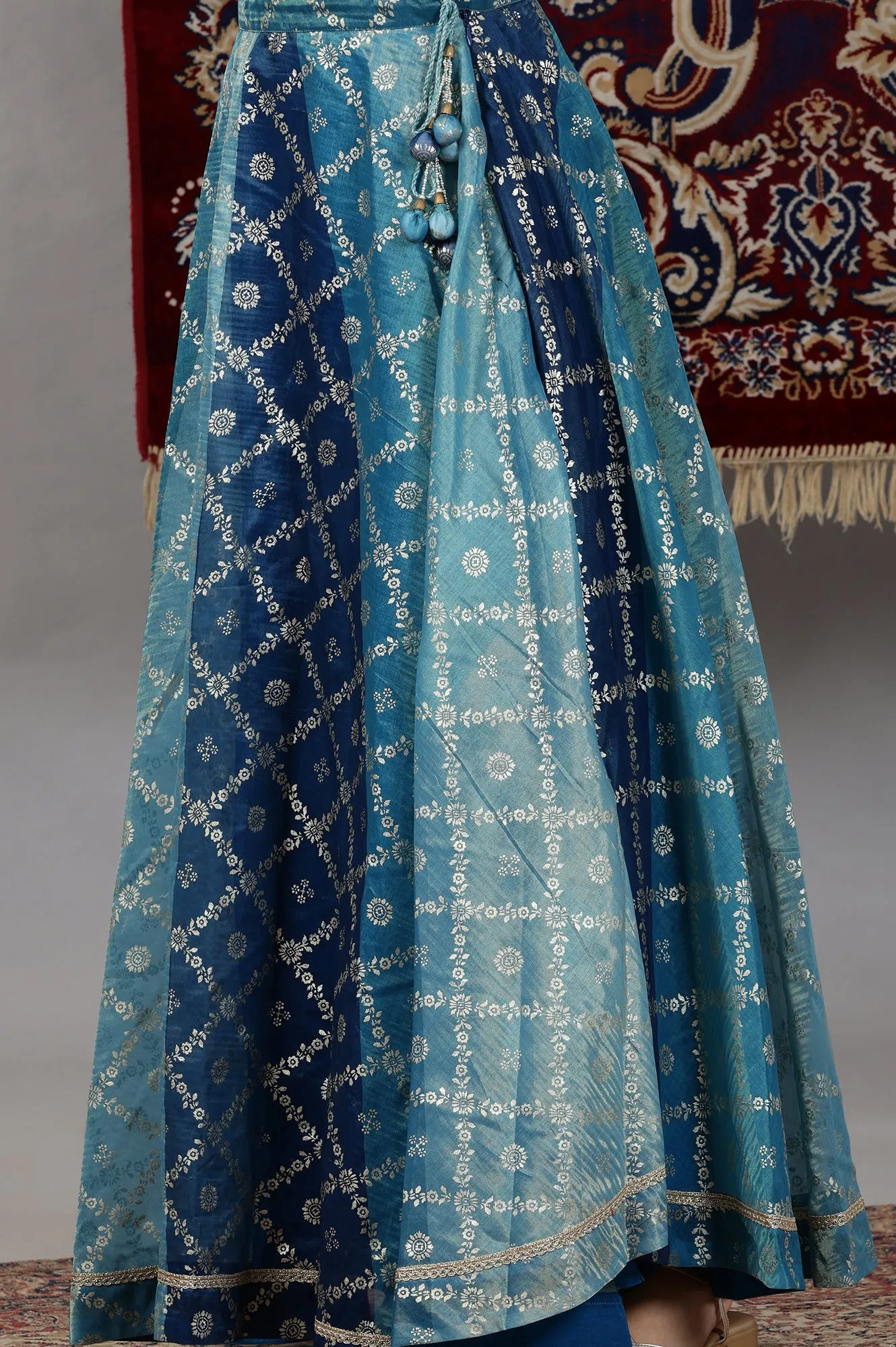 Blue Printed Zari Embroidered Crop Top, Brocade Flared Skirt and Dupatta Set