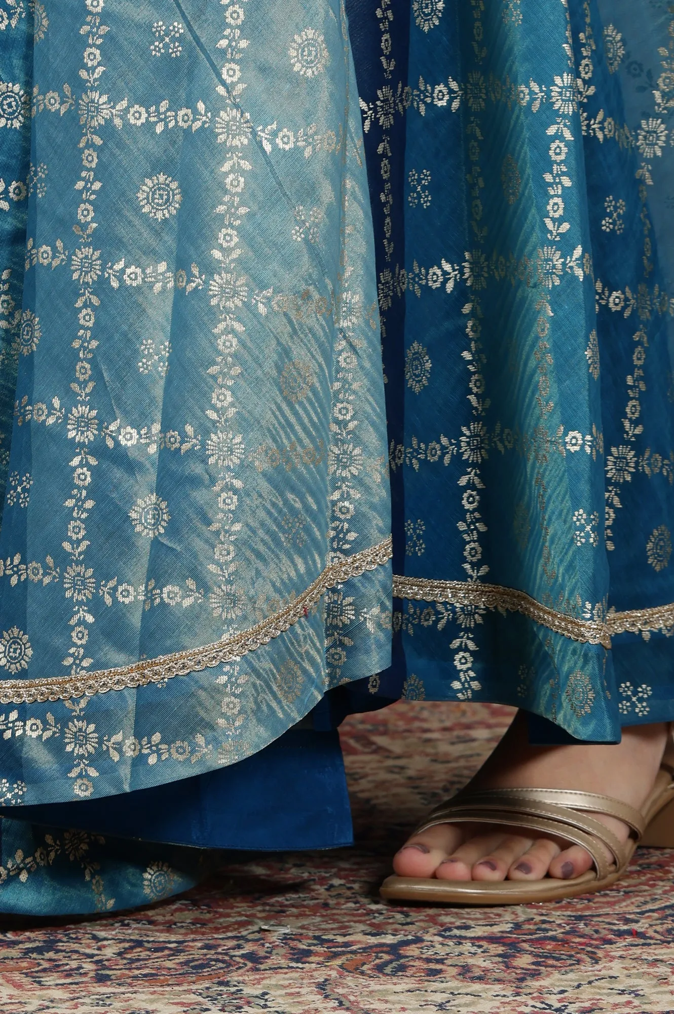 Blue Printed Zari Embroidered Crop Top, Brocade Flared Skirt and Dupatta Set