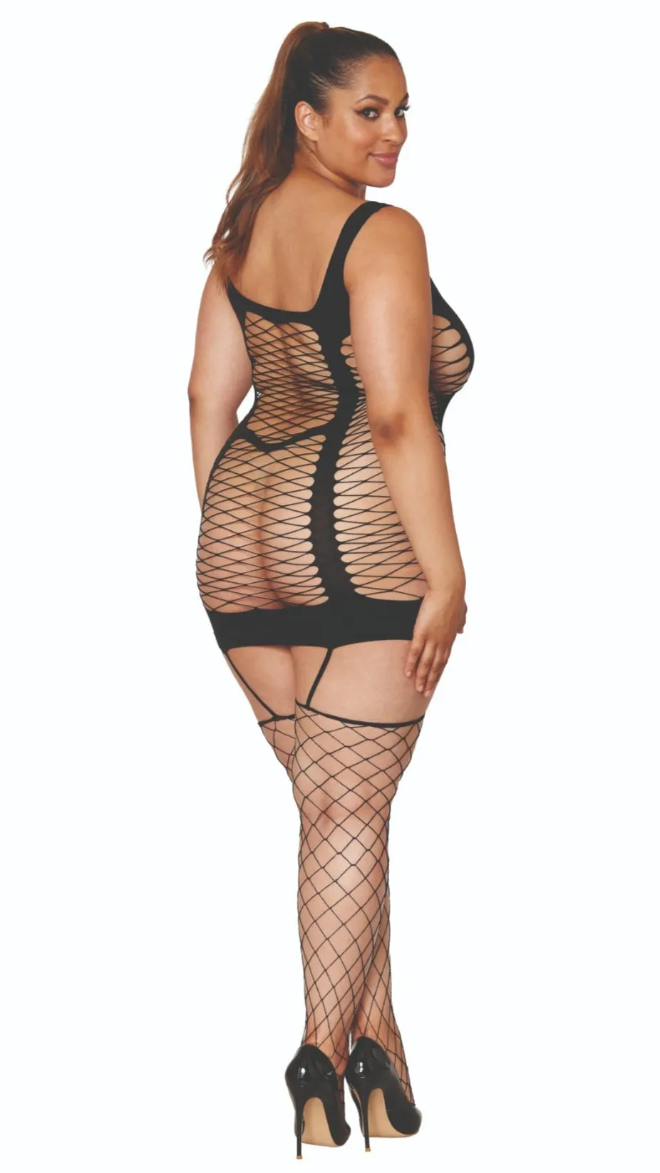 Bold Curves Side Cut-Out Fishnet Garter Bodystocking