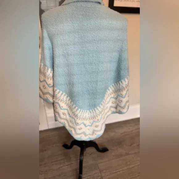 Boston Proper Plush Fair Isle Pearl Embellished Poncho Airy Blue- New