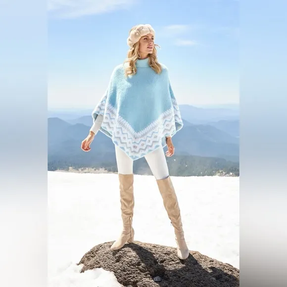 Boston Proper Plush Fair Isle Pearl Embellished Poncho Airy Blue- New