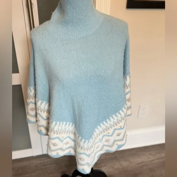 Boston Proper Plush Fair Isle Pearl Embellished Poncho Airy Blue- New