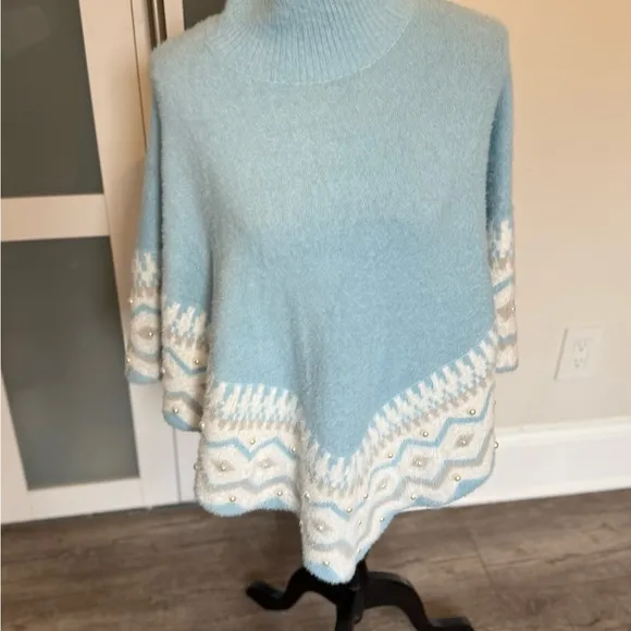 Boston Proper Plush Fair Isle Pearl Embellished Poncho Airy Blue- New