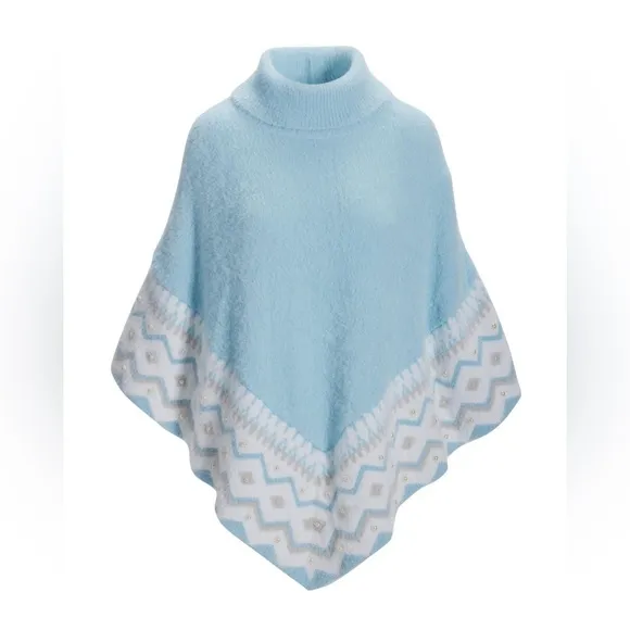 Boston Proper Plush Fair Isle Pearl Embellished Poncho Airy Blue- New