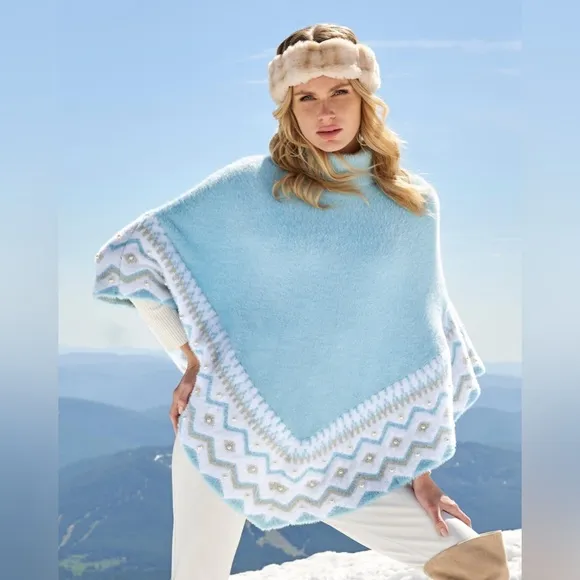 Boston Proper Plush Fair Isle Pearl Embellished Poncho Airy Blue- New