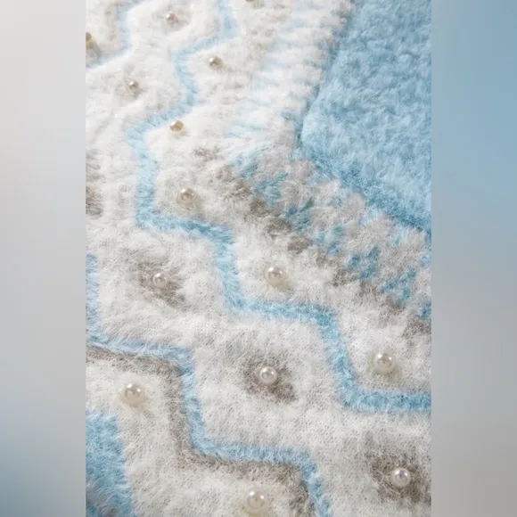 Boston Proper Plush Fair Isle Pearl Embellished Poncho Airy Blue- New