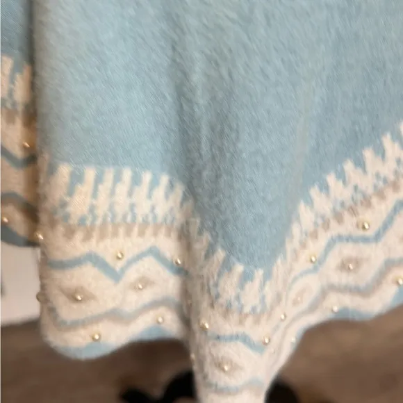 Boston Proper Plush Fair Isle Pearl Embellished Poncho Airy Blue- New