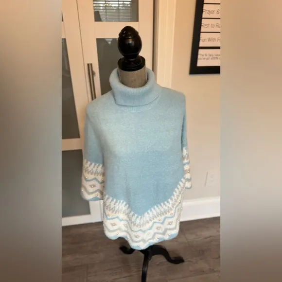 Boston Proper Plush Fair Isle Pearl Embellished Poncho Airy Blue- New