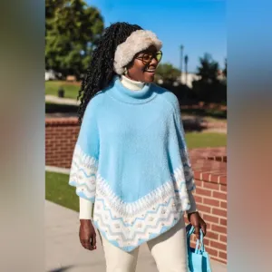 Boston Proper Plush Fair Isle Pearl Embellished Poncho Airy Blue- New
