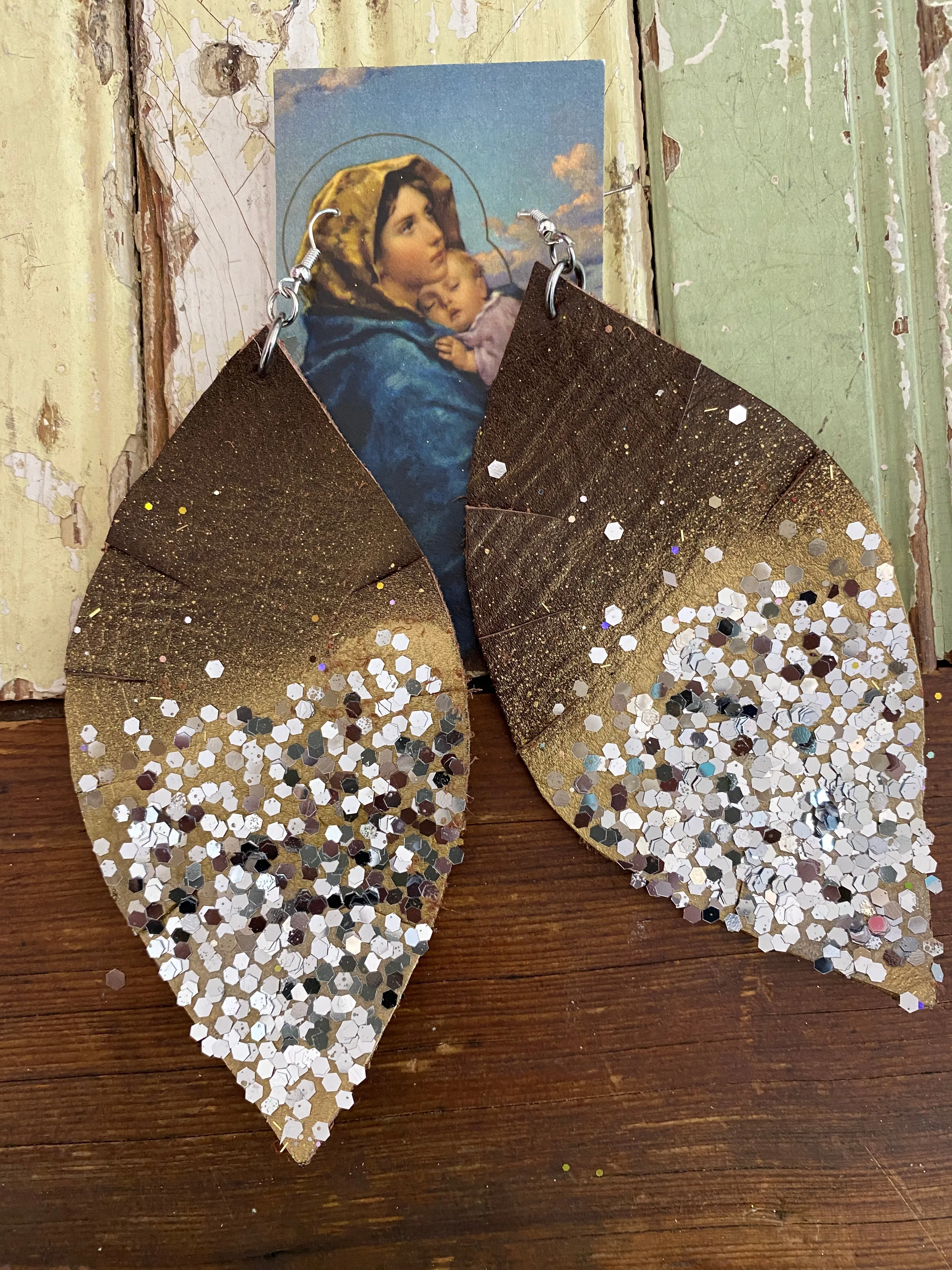 Brown and silver feather Statement Earrings