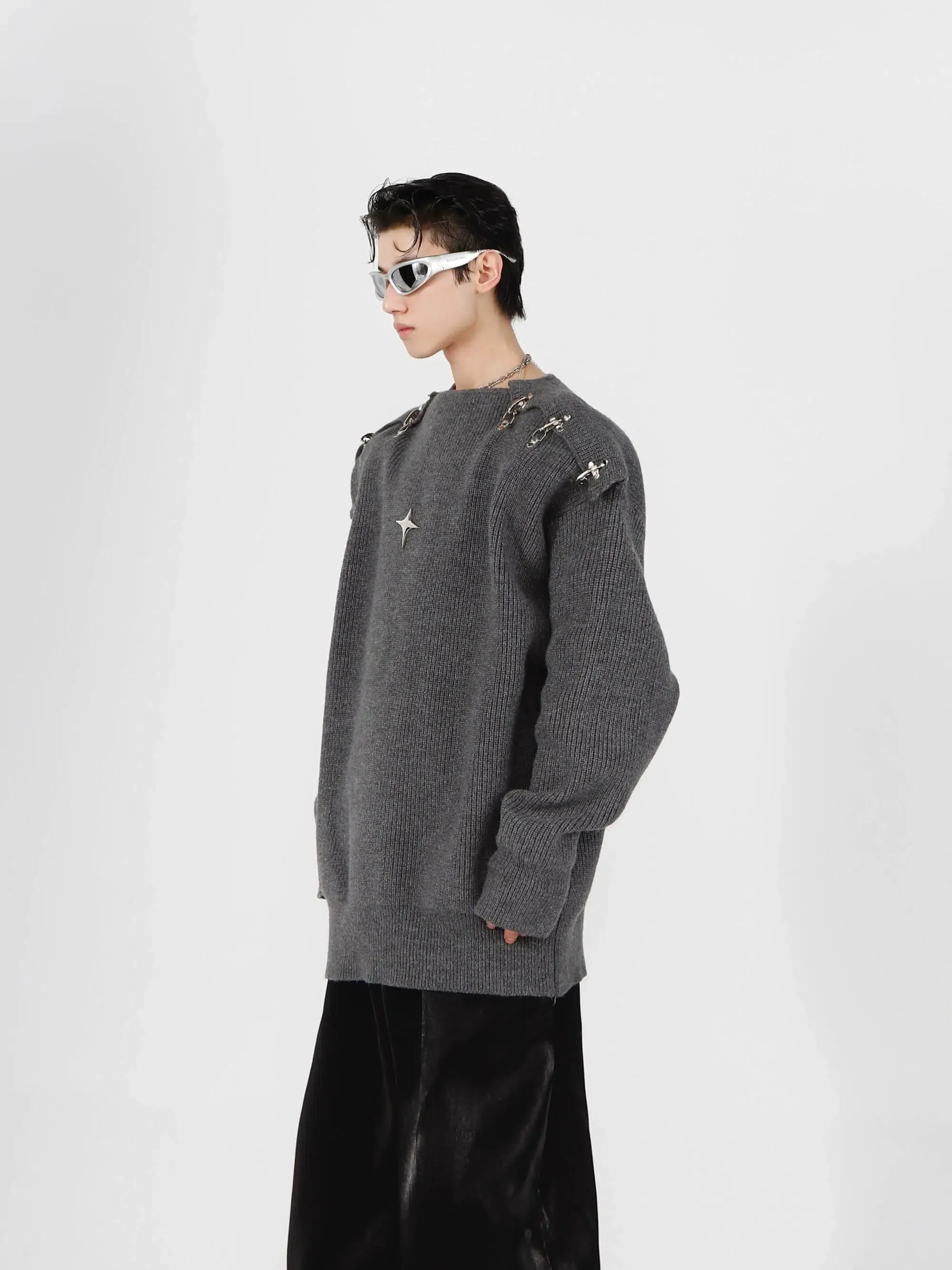 Buckle Hollow Knitted Sweater