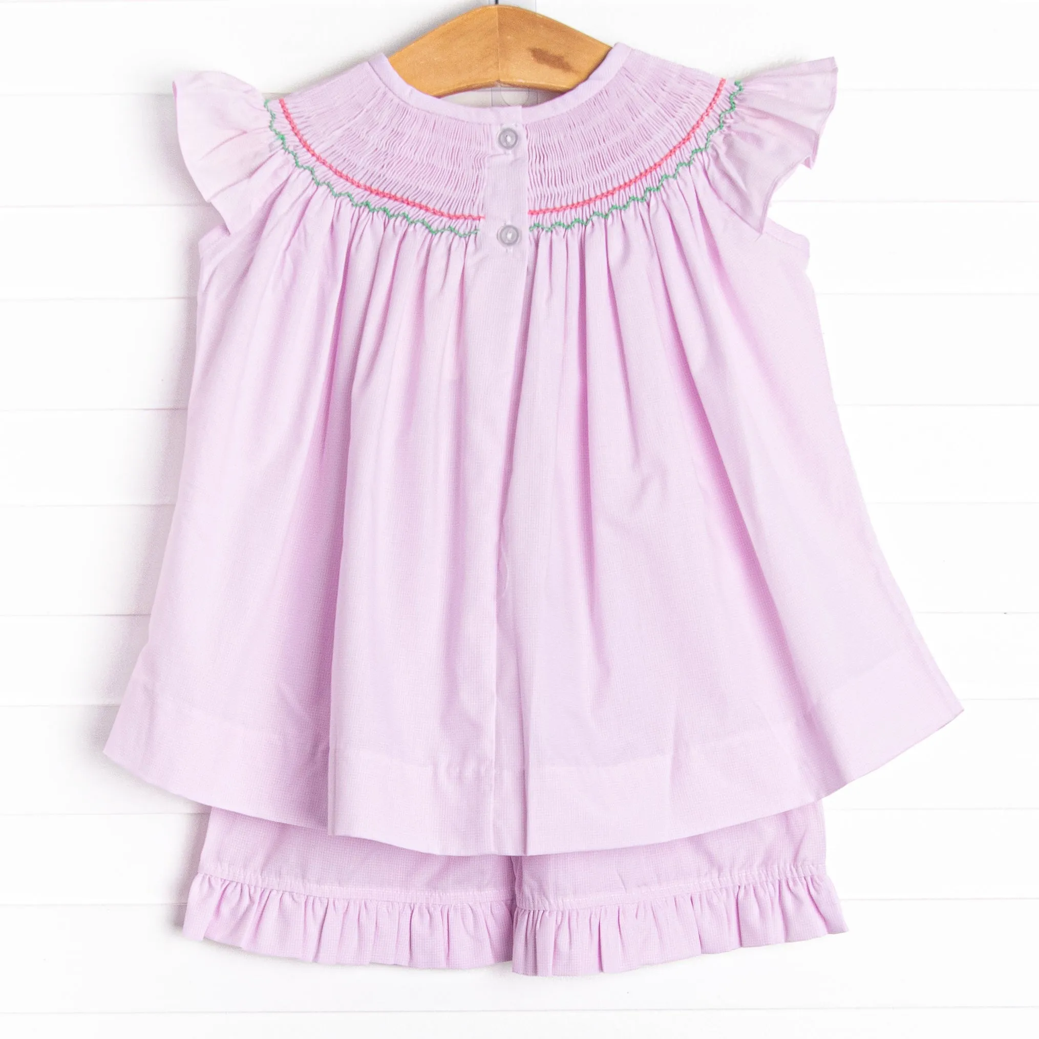 Caterpillar Cuteness Smocked Ruffle Short Set, Pink