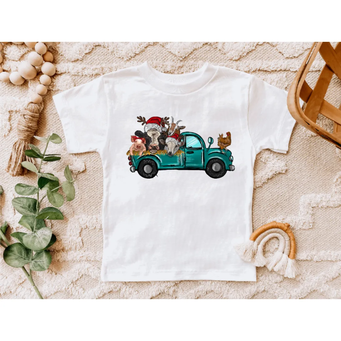 Christmas Old Truck and Farm Animals Farming Tee Shirt