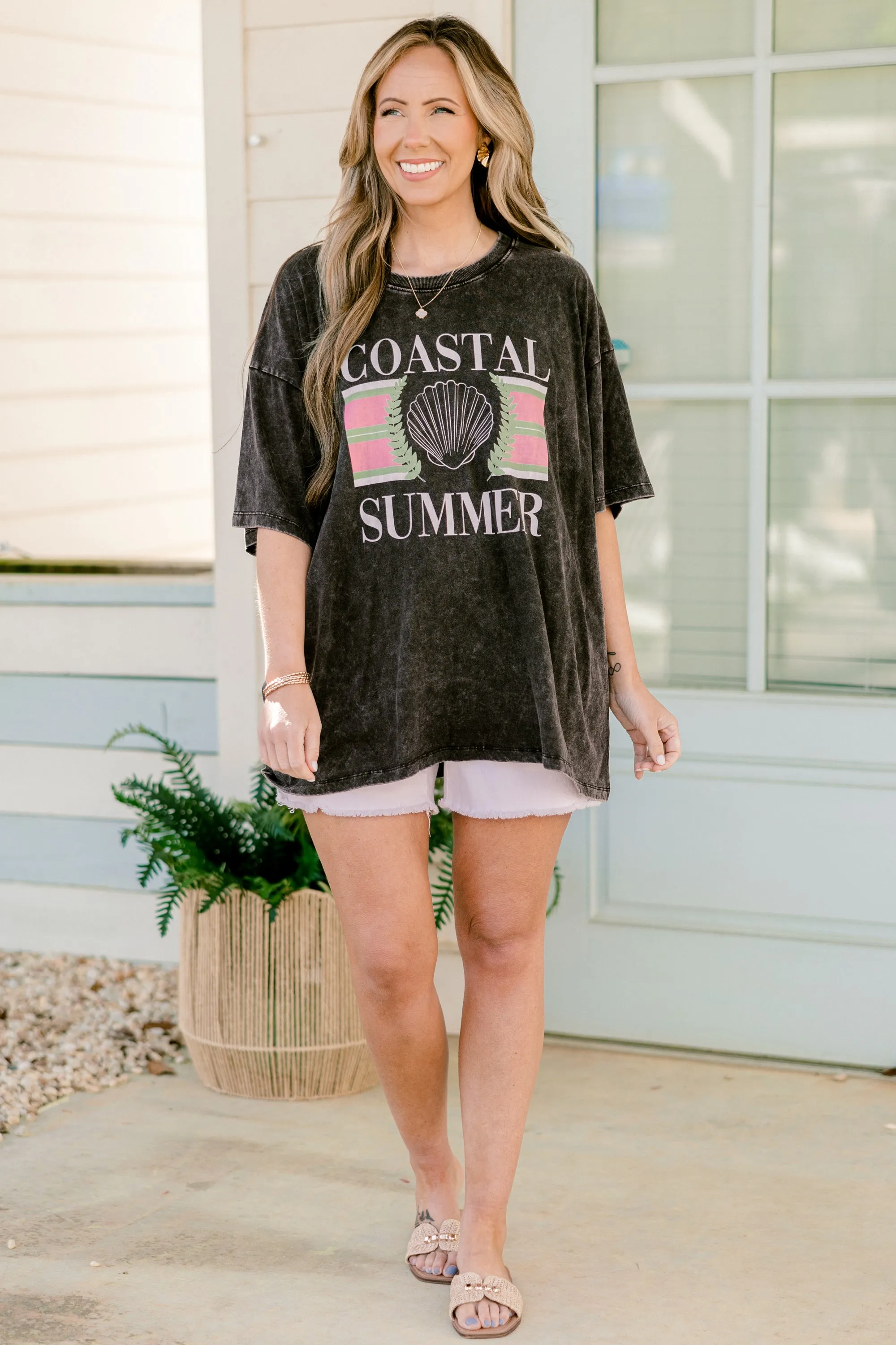 Coastal Summer Acid Wash Relaxed Tee, Ash Black