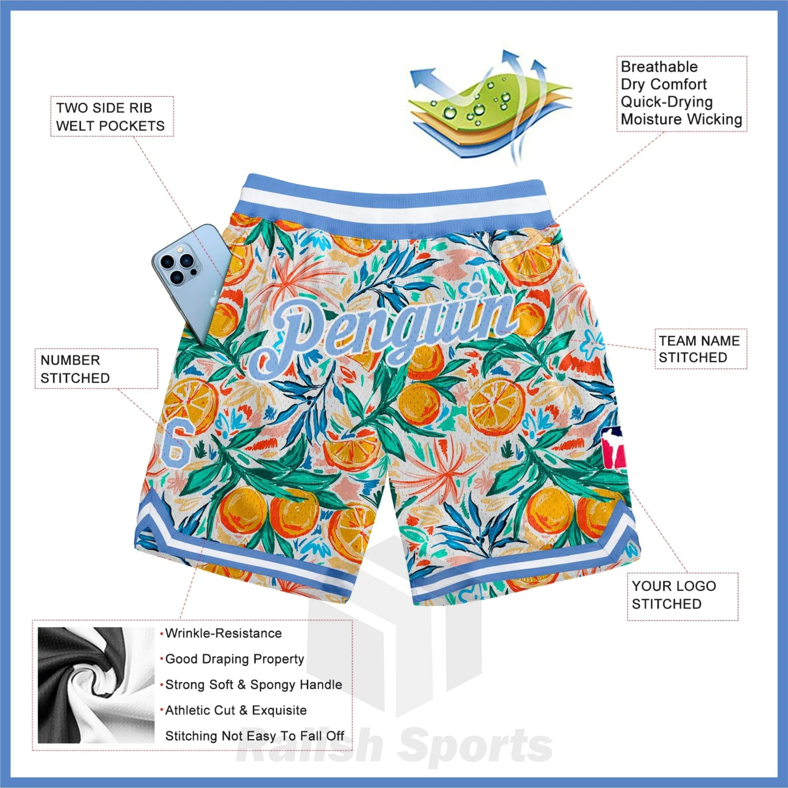 Custom White Light Blue-White 3D Pattern Design Oranges Authentic Basketball Shorts