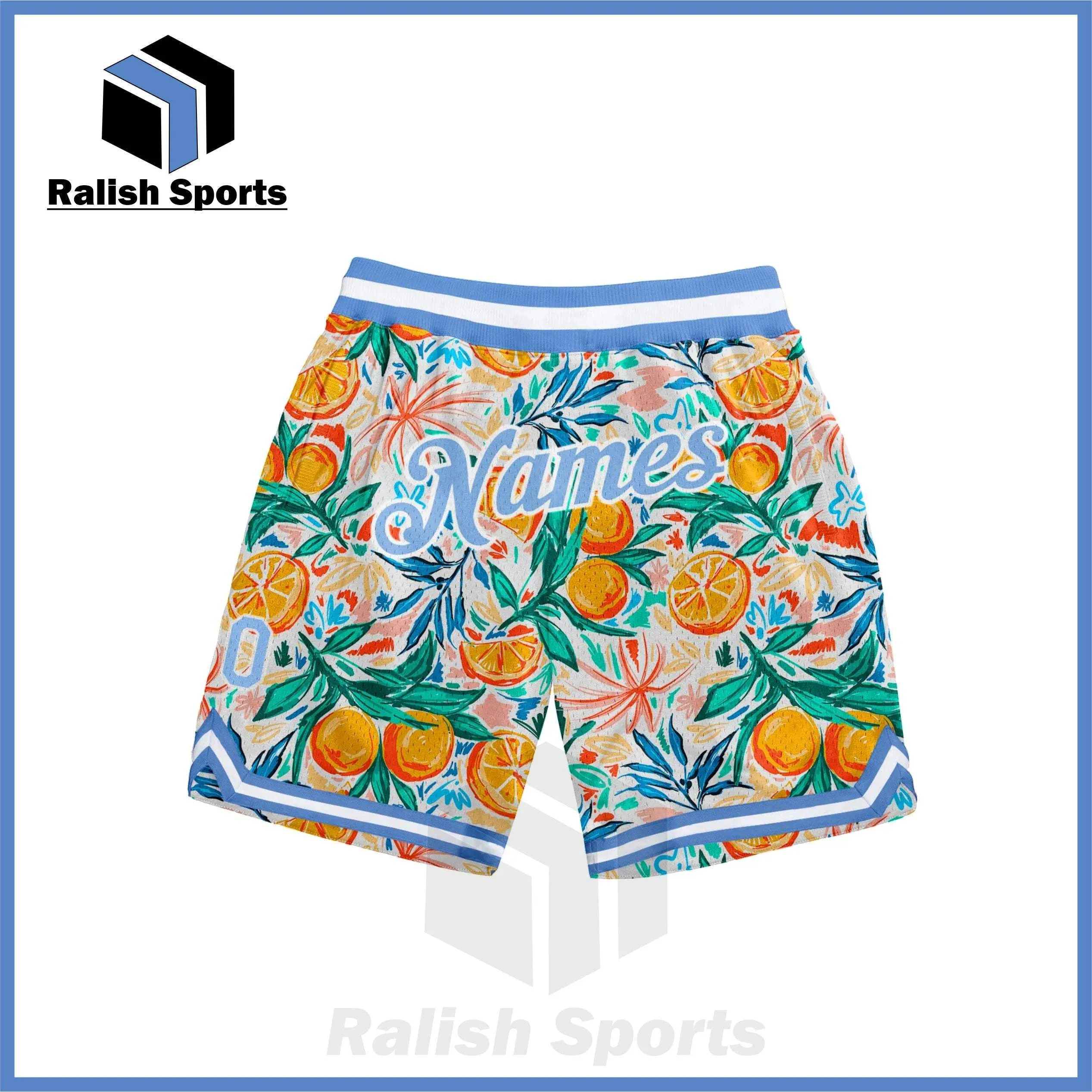Custom White Light Blue-White 3D Pattern Design Oranges Authentic Basketball Shorts