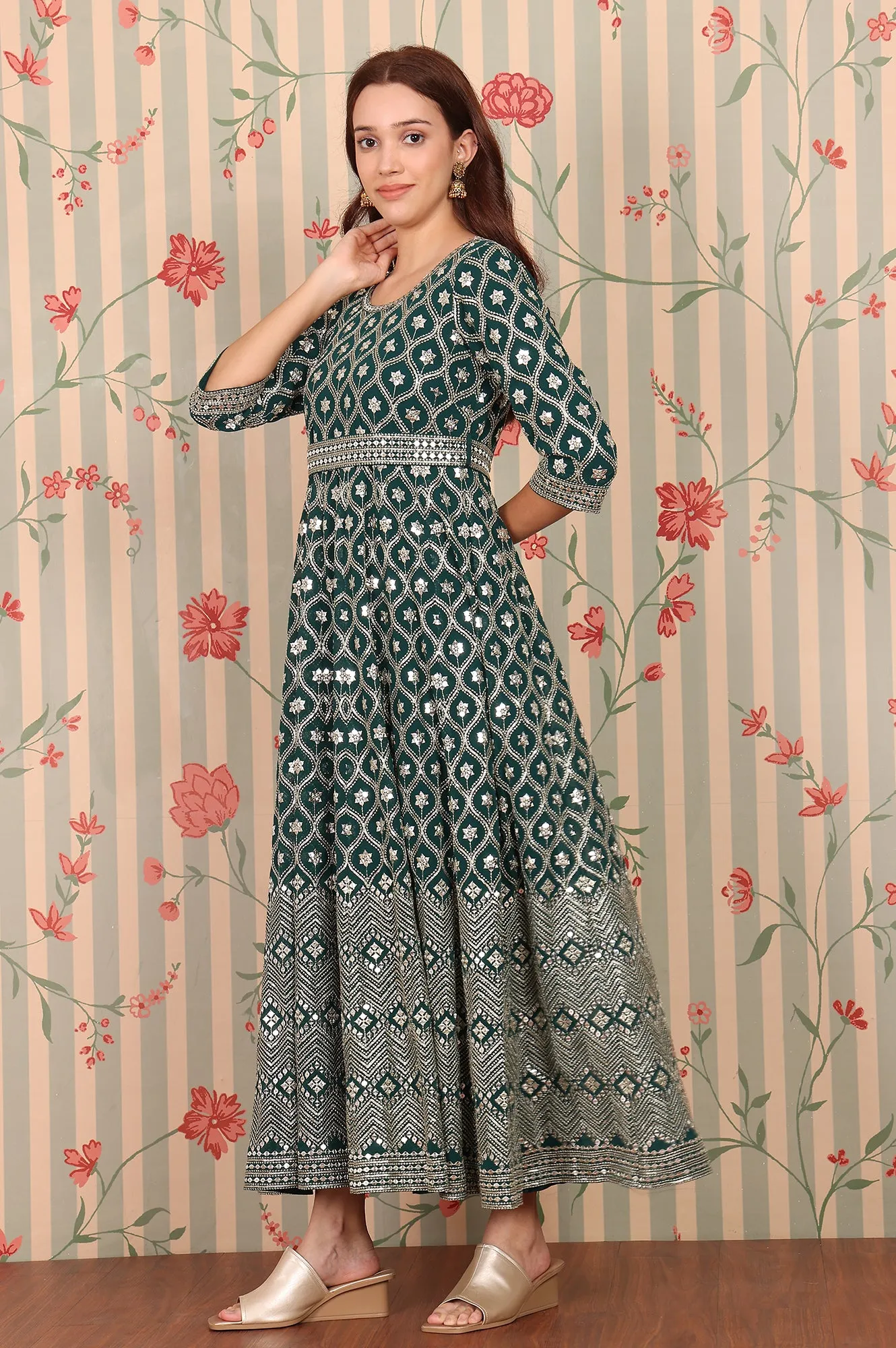 Dark Green Zari Embroidered Flared Ethnic Dress and Dupatta Set