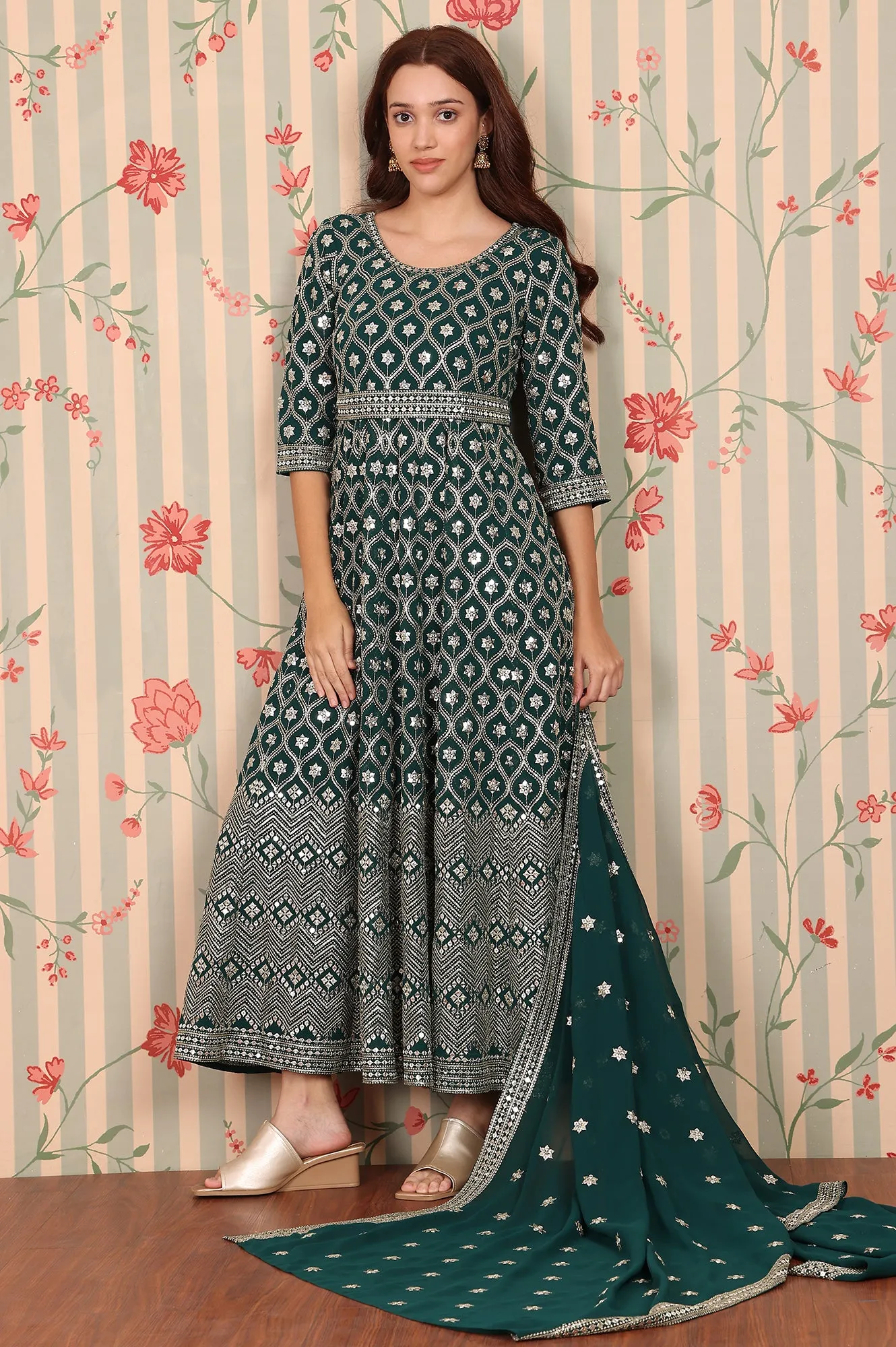 Dark Green Zari Embroidered Flared Ethnic Dress and Dupatta Set